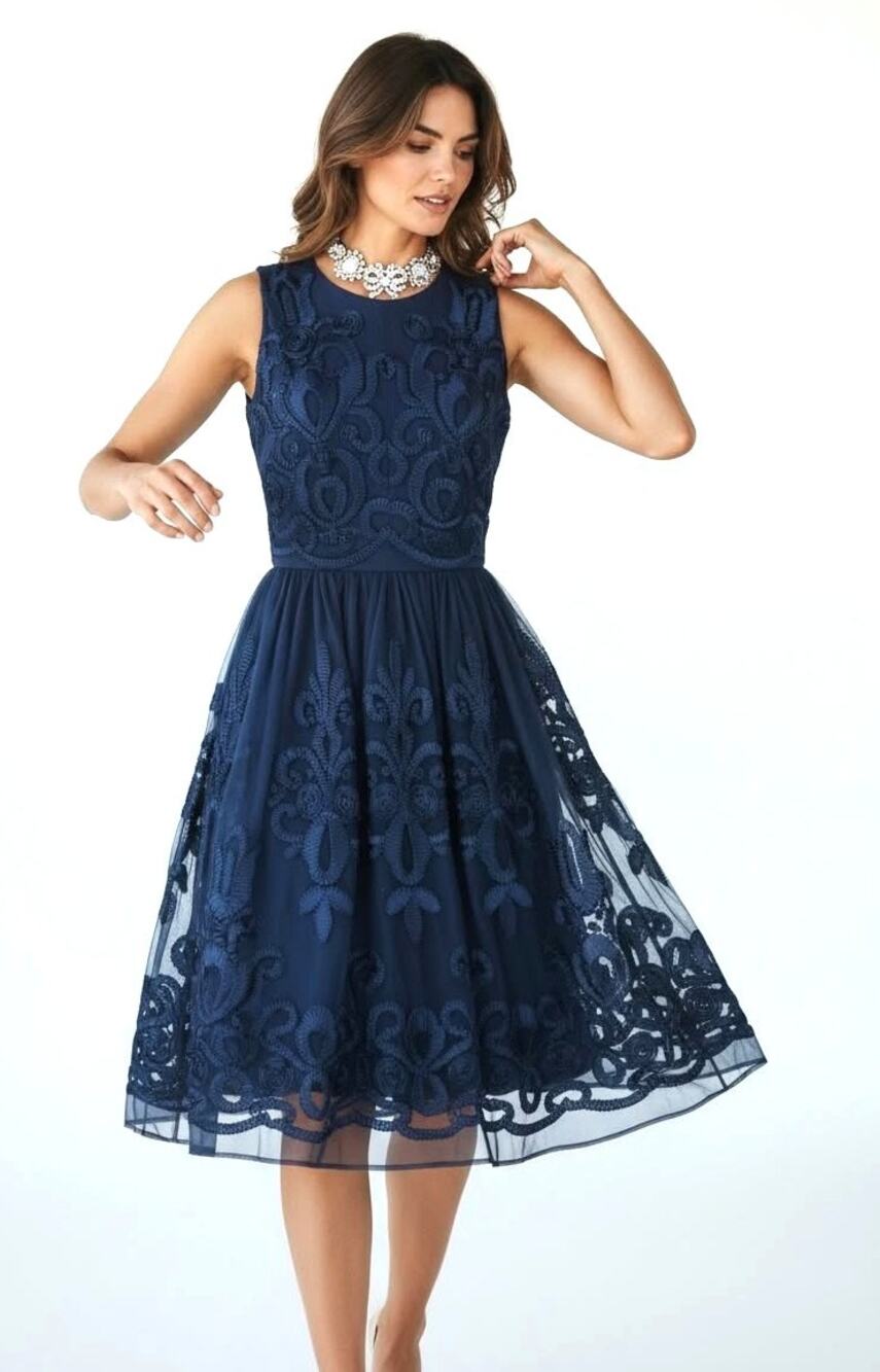 Belle Badgley Mischka Navy Lace Fit Flare Dress Size 6 Embroidered Mesh Cocktail